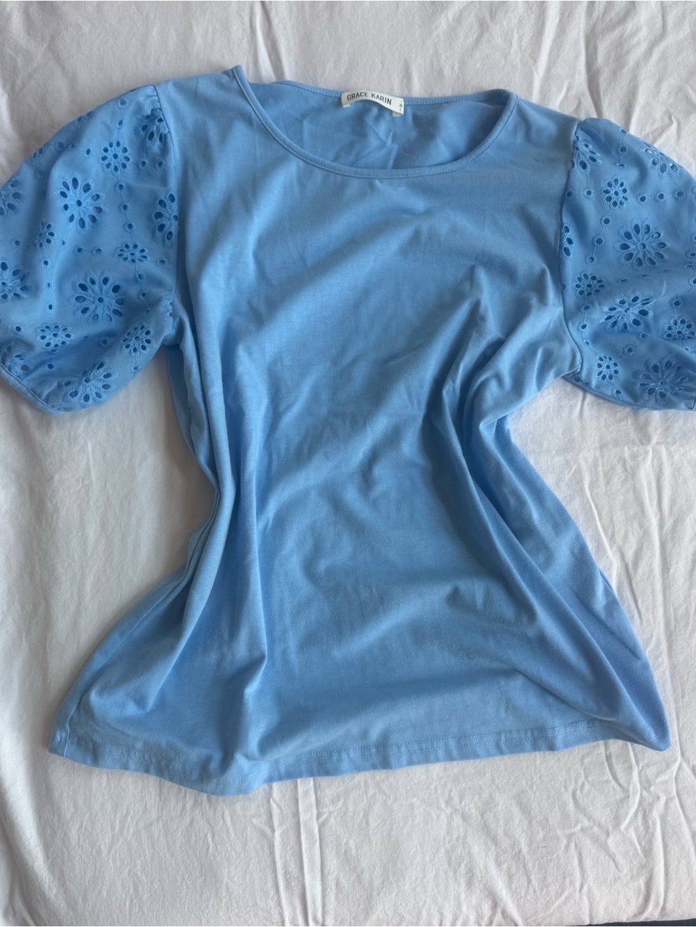 Grace Karin Sky Blue Eyelet Puff Sleeve Tee